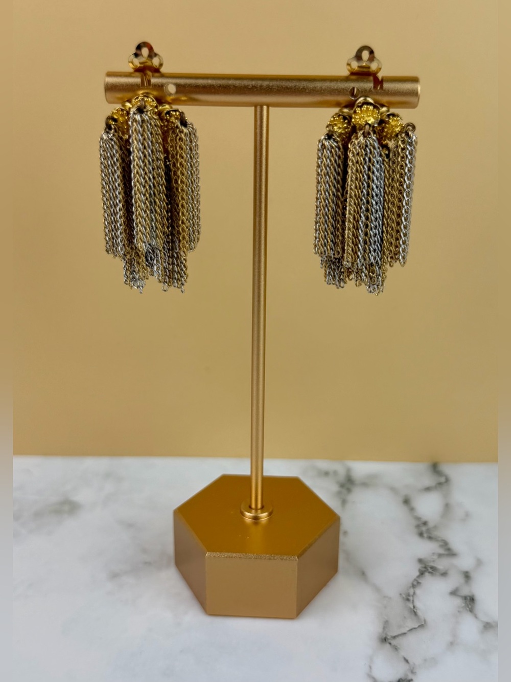 Vintage Les Bernard Two-Tone Chain Tassel Clip-On Earrings, Gold & Silver Fringe